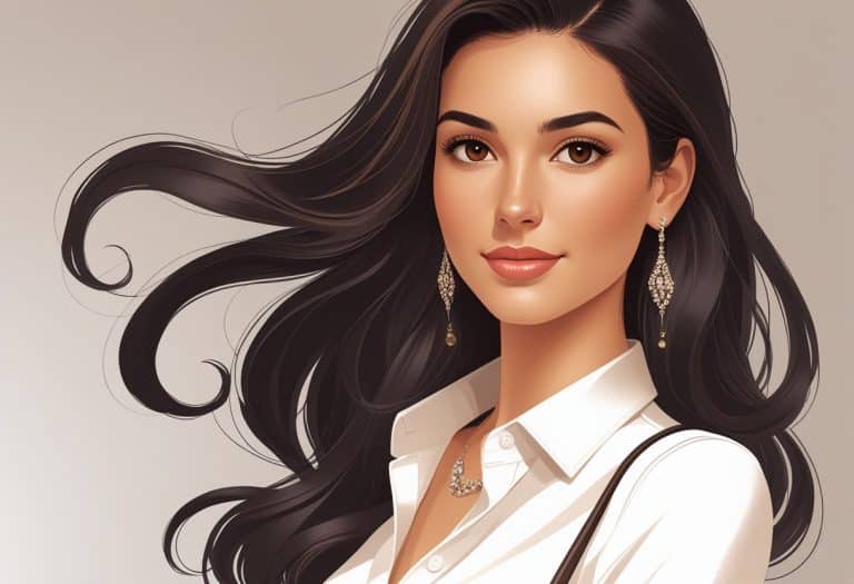 Retrato de uma mulher jovem e confiante com cabelo escuro e longo, vestindo roupas modernas e elegantes, em um fundo neutro.