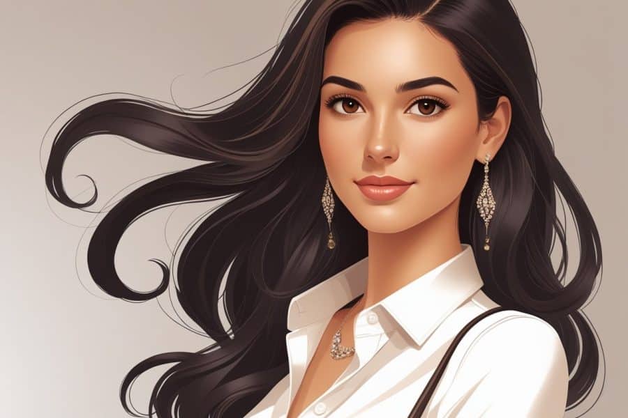 Retrato de uma mulher jovem e confiante com cabelo escuro e longo, vestindo roupas modernas e elegantes, em um fundo neutro.