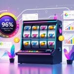 Ilustração mostrando uma máquina caça-níqueis com símbolos girando, gráficos e um medidor indicando a porcentagem de retorno ao jogador.