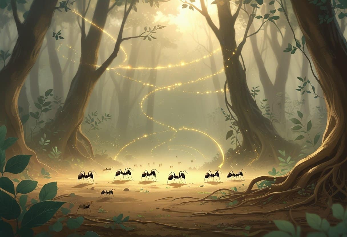 Formigas se movendo em um ambiente natural com luz suave e elementos que sugerem energia espiritual.