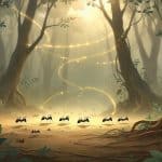 Formigas se movendo em um ambiente natural com luz suave e elementos que sugerem energia espiritual.