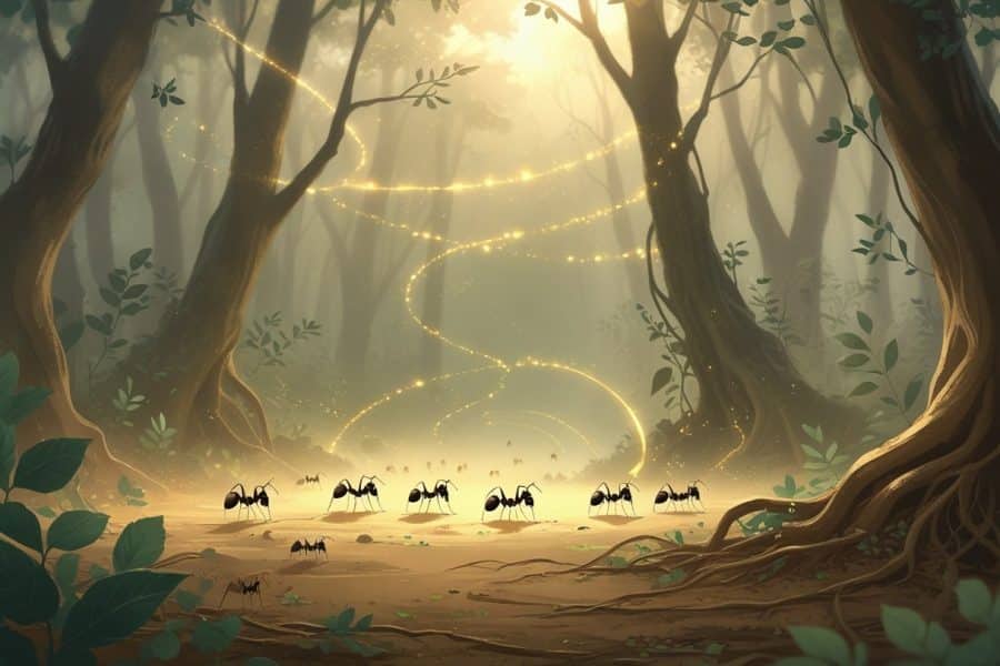 Formigas se movendo em um ambiente natural com luz suave e elementos que sugerem energia espiritual.