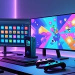 Mesa de jogos com computador exibindo um emulador de Nintendo Switch e um console Nintendo Switch ao lado.