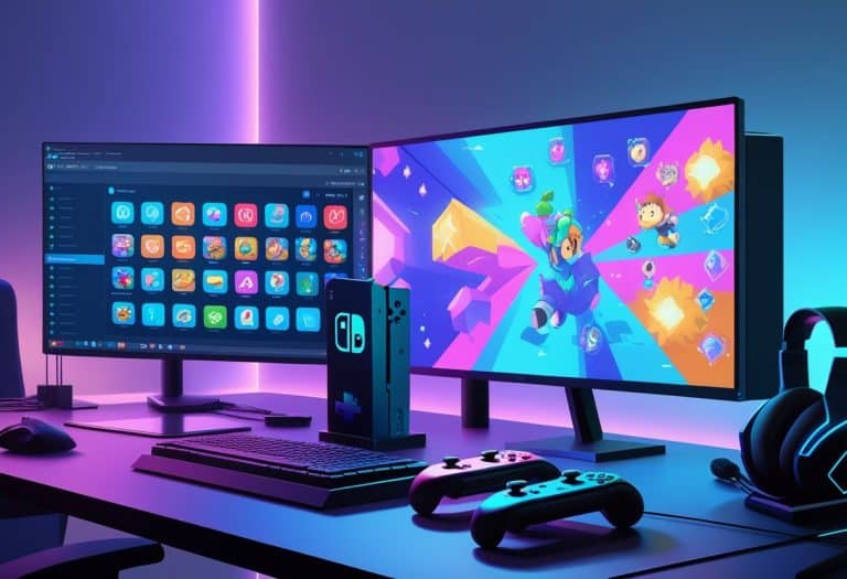 Mesa de jogos com computador exibindo um emulador de Nintendo Switch e um console Nintendo Switch ao lado.