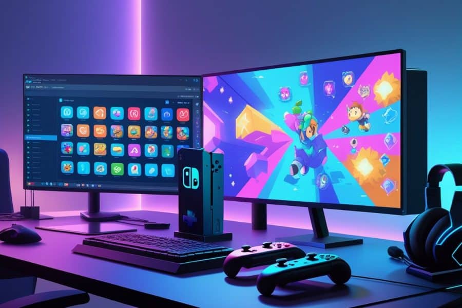 Mesa de jogos com computador exibindo um emulador de Nintendo Switch e um console Nintendo Switch ao lado.