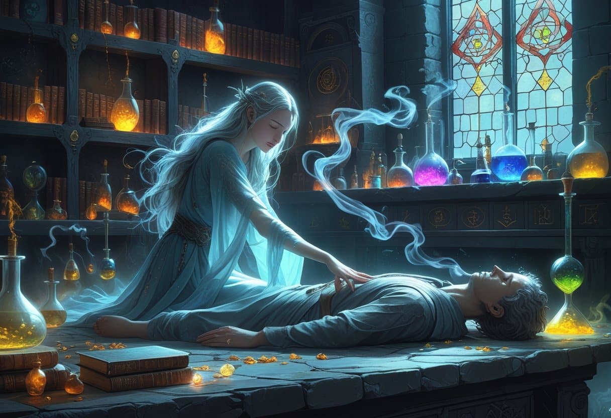 Uma mulher jovem segura a mão de uma pessoa caída em um altar dentro de um laboratório de alquimia antigo, com luzes místicas e fumaça ao redor.