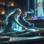Uma mulher jovem segura a mão de uma pessoa caída em um altar dentro de um laboratório de alquimia antigo, com luzes místicas e fumaça ao redor.