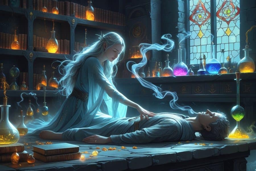 Uma mulher jovem segura a mão de uma pessoa caída em um altar dentro de um laboratório de alquimia antigo, com luzes místicas e fumaça ao redor.