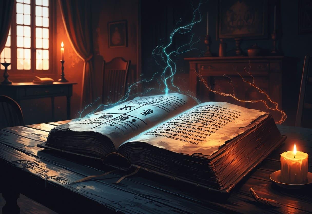 Uma mesa de madeira com um livro antigo aberto mostrando símbolos misteriosos, sombras ao redor e uma vela acesa em um ambiente escuro.