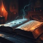 Uma mesa de madeira com um livro antigo aberto mostrando símbolos misteriosos, sombras ao redor e uma vela acesa em um ambiente escuro.