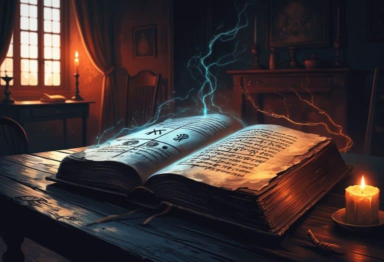 Uma mesa de madeira com um livro antigo aberto mostrando símbolos misteriosos, sombras ao redor e uma vela acesa em um ambiente escuro.
