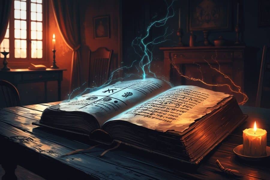 Uma mesa de madeira com um livro antigo aberto mostrando símbolos misteriosos, sombras ao redor e uma vela acesa em um ambiente escuro.