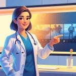 Uma médica explicando uma cena de filme em um consultório moderno, apontando para uma tela que mostra a cena cinematográfica.
