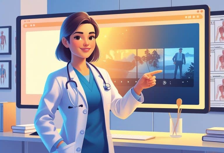 Uma médica explicando uma cena de filme em um consultório moderno, apontando para uma tela que mostra a cena cinematográfica.