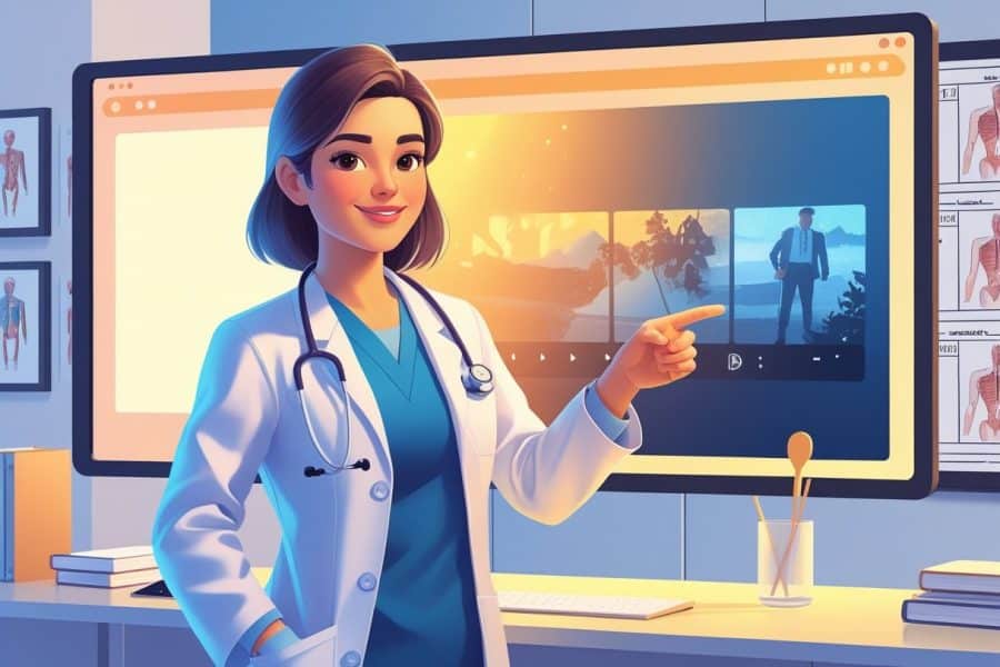 Uma médica explicando uma cena de filme em um consultório moderno, apontando para uma tela que mostra a cena cinematográfica.