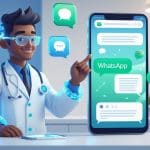 Um médico futurista interagindo com uma tela transparente de smartphone mostrando uma interface do WhatsApp Web em um consultório moderno.