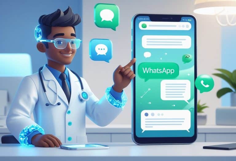 Um médico futurista interagindo com uma tela transparente de smartphone mostrando uma interface do WhatsApp Web em um consultório moderno.