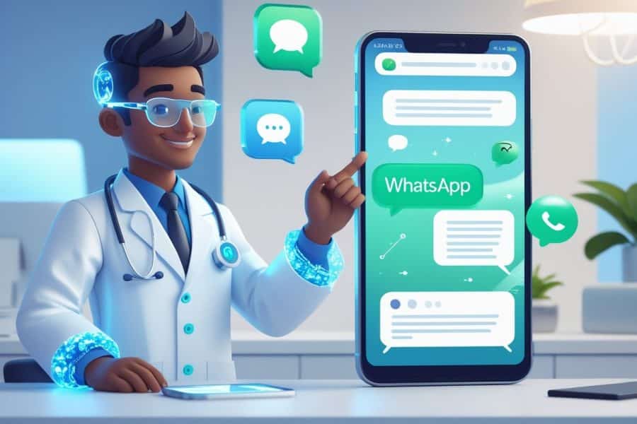 Um médico futurista interagindo com uma tela transparente de smartphone mostrando uma interface do WhatsApp Web em um consultório moderno.