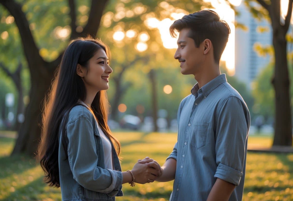 Um casal jovem de mãos dadas em um parque urbano ao entardecer, olhando um para o outro com sorrisos suaves.
