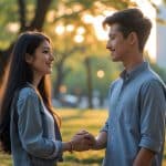 Um casal jovem de mãos dadas em um parque urbano ao entardecer, olhando um para o outro com sorrisos suaves.
