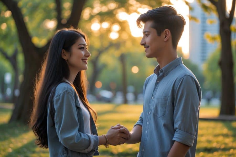 Um casal jovem de mãos dadas em um parque urbano ao entardecer, olhando um para o outro com sorrisos suaves.