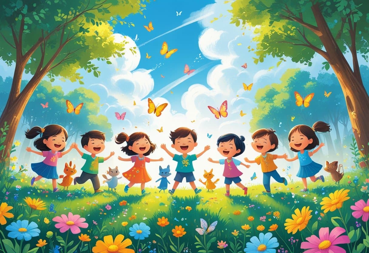 Crianças e animais felizes cantando e dançando em um campo florido sob um céu azul com árvores ao fundo.