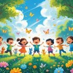 Crianças e animais felizes cantando e dançando em um campo florido sob um céu azul com árvores ao fundo.