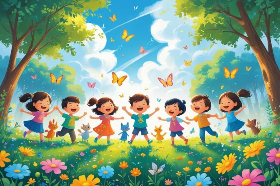 Crianças e animais felizes cantando e dançando em um campo florido sob um céu azul com árvores ao fundo.