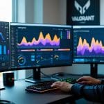 Uma estação de trabalho moderna com vários monitores mostrando gráficos e estatísticas de desempenho do jogo Valorant, com mãos usando teclado e mouse.