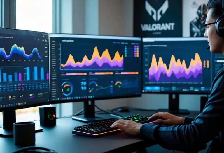 Uma estação de trabalho moderna com vários monitores mostrando gráficos e estatísticas de desempenho do jogo Valorant, com mãos usando teclado e mouse.