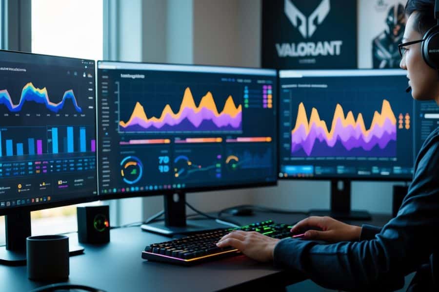 Uma estação de trabalho moderna com vários monitores mostrando gráficos e estatísticas de desempenho do jogo Valorant, com mãos usando teclado e mouse.