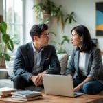Um homem e uma mulher jovens sentados juntos em uma sala de estar, conversando seriamente em um ambiente confortável e iluminado.