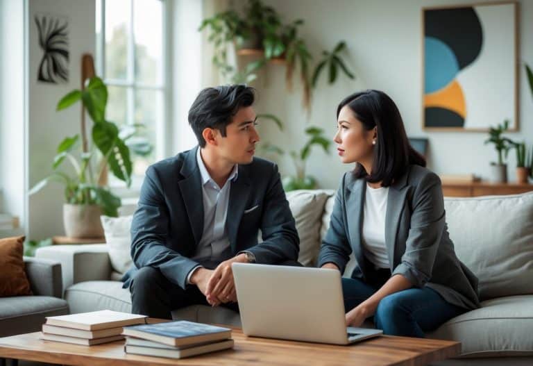 Um homem e uma mulher jovens sentados juntos em uma sala de estar, conversando seriamente em um ambiente confortável e iluminado.