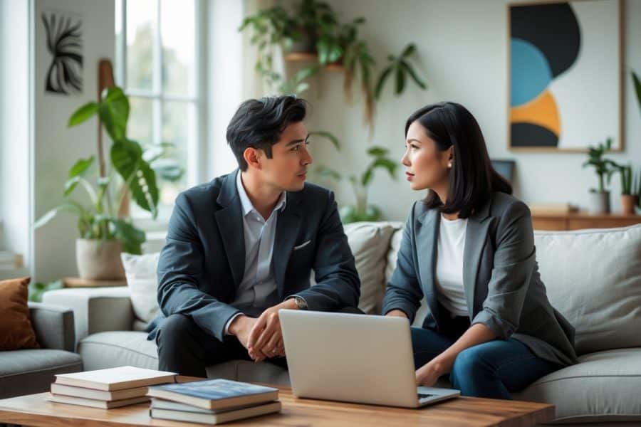 Um homem e uma mulher jovens sentados juntos em uma sala de estar, conversando seriamente em um ambiente confortável e iluminado.