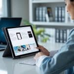 Pessoa sentada em uma mesa usando um tablet para ler quadrinhos, com uma prateleira de mangás ao fundo.