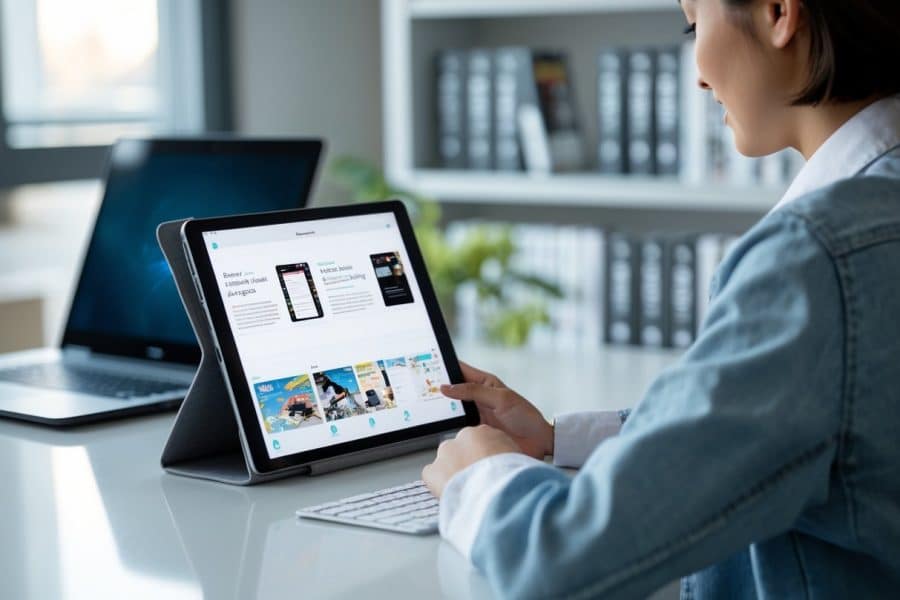 Pessoa sentada em uma mesa usando um tablet para ler quadrinhos, com uma prateleira de mangás ao fundo.