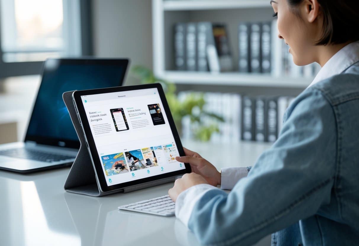 Pessoa sentada em uma mesa usando um tablet para ler quadrinhos, com uma prateleira de mangás ao fundo.