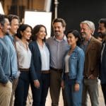 Grupo diversificado de atores juntos em um set de filmagem, sorrindo e interagindo de forma natural.