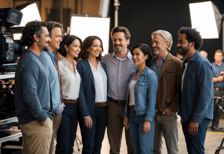 Grupo diversificado de atores juntos em um set de filmagem, sorrindo e interagindo de forma natural.
