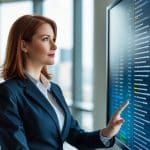 Mulher confiante em um escritório moderno olhando para uma tela digital com uma lista complexa destacada.