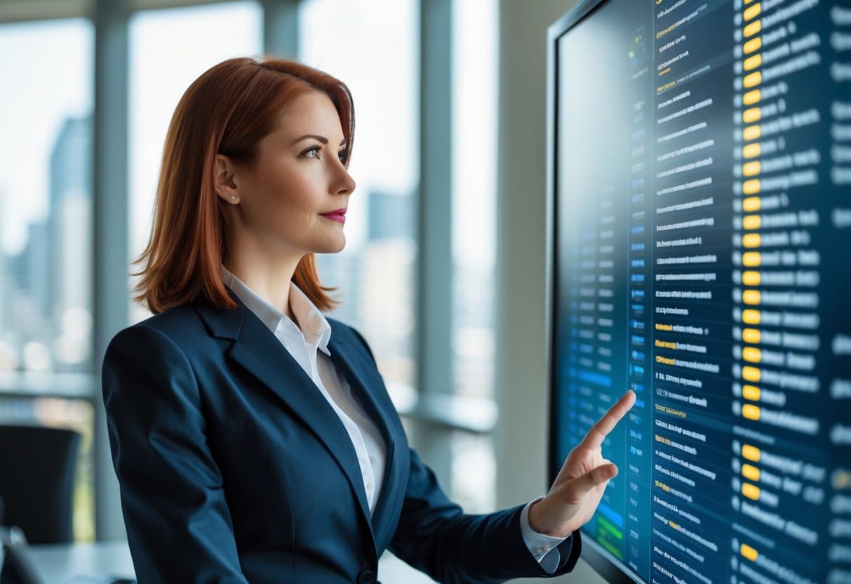 Mulher confiante em um escritório moderno olhando para uma tela digital com uma lista complexa destacada.