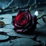 Uma rosa vermelha escura com pétalas ligeiramente murchas sobre uma superfície de pedra rachada, cercada por sombras e folhas secas.