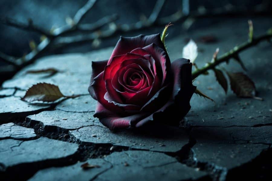 Uma rosa vermelha escura com pétalas ligeiramente murchas sobre uma superfície de pedra rachada, cercada por sombras e folhas secas.