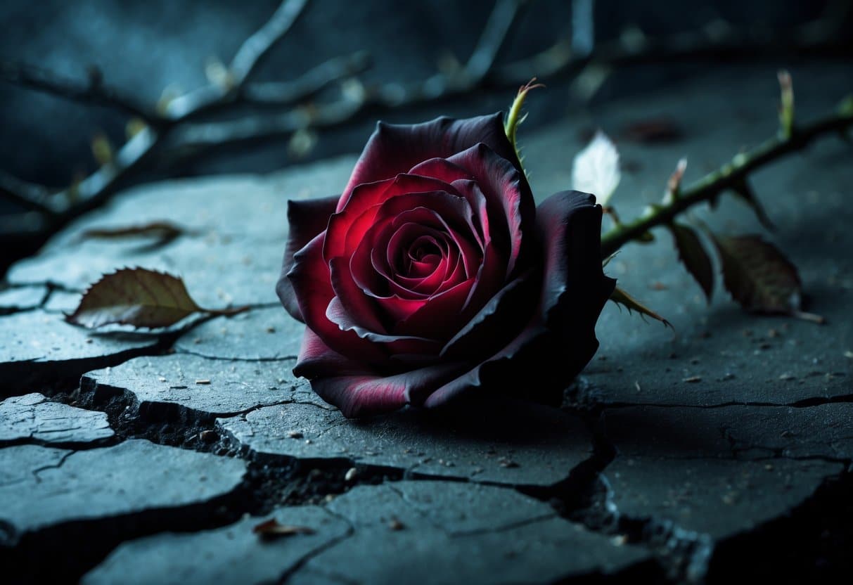 Uma rosa vermelha escura com pétalas ligeiramente murchas sobre uma superfície de pedra rachada, cercada por sombras e folhas secas.