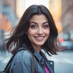 Jovem mulher com expressão brincalhona em ambiente urbano durante o dia.