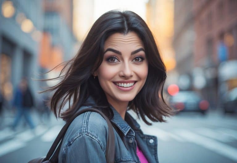Jovem mulher com expressão brincalhona em ambiente urbano durante o dia.