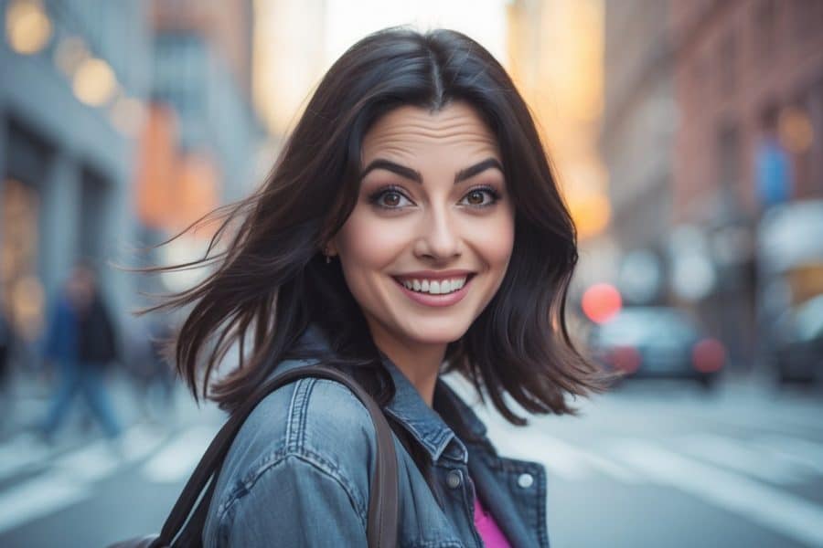 Jovem mulher com expressão brincalhona em ambiente urbano durante o dia.