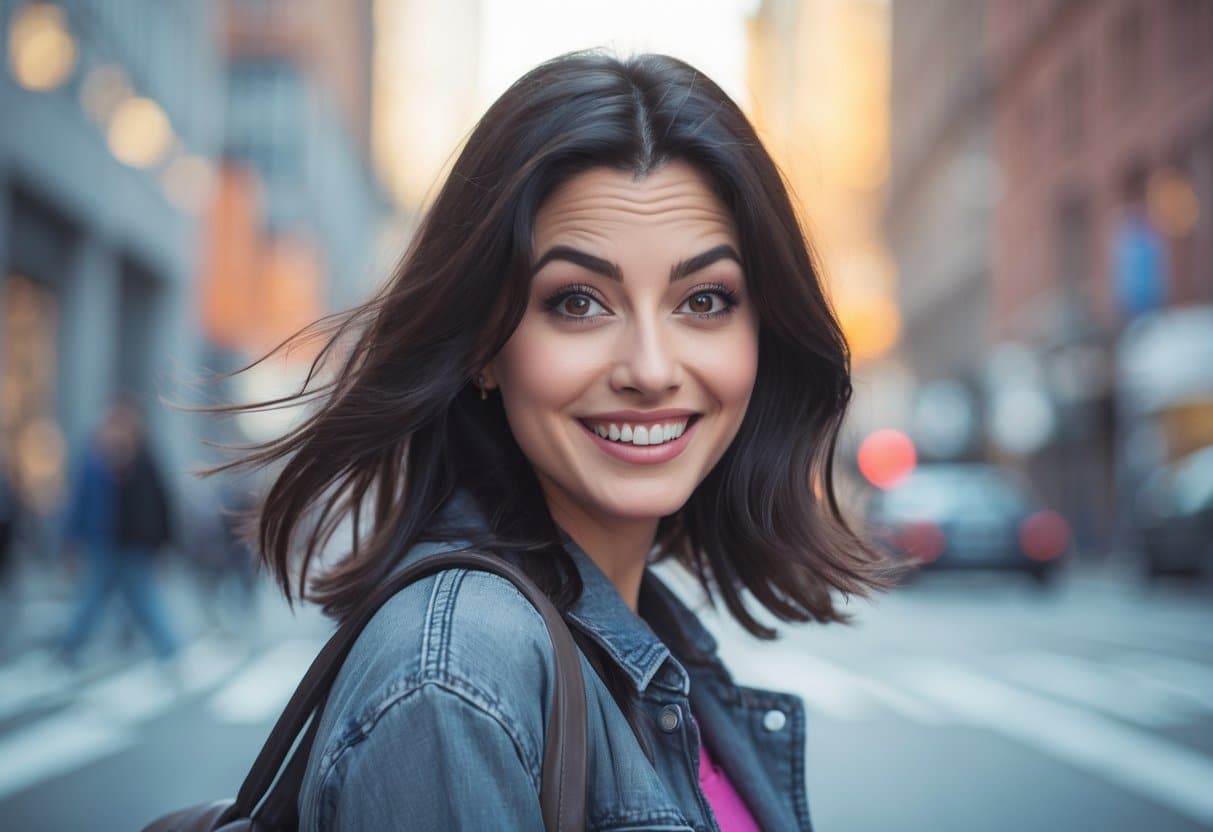 Jovem mulher com expressão brincalhona em ambiente urbano durante o dia.