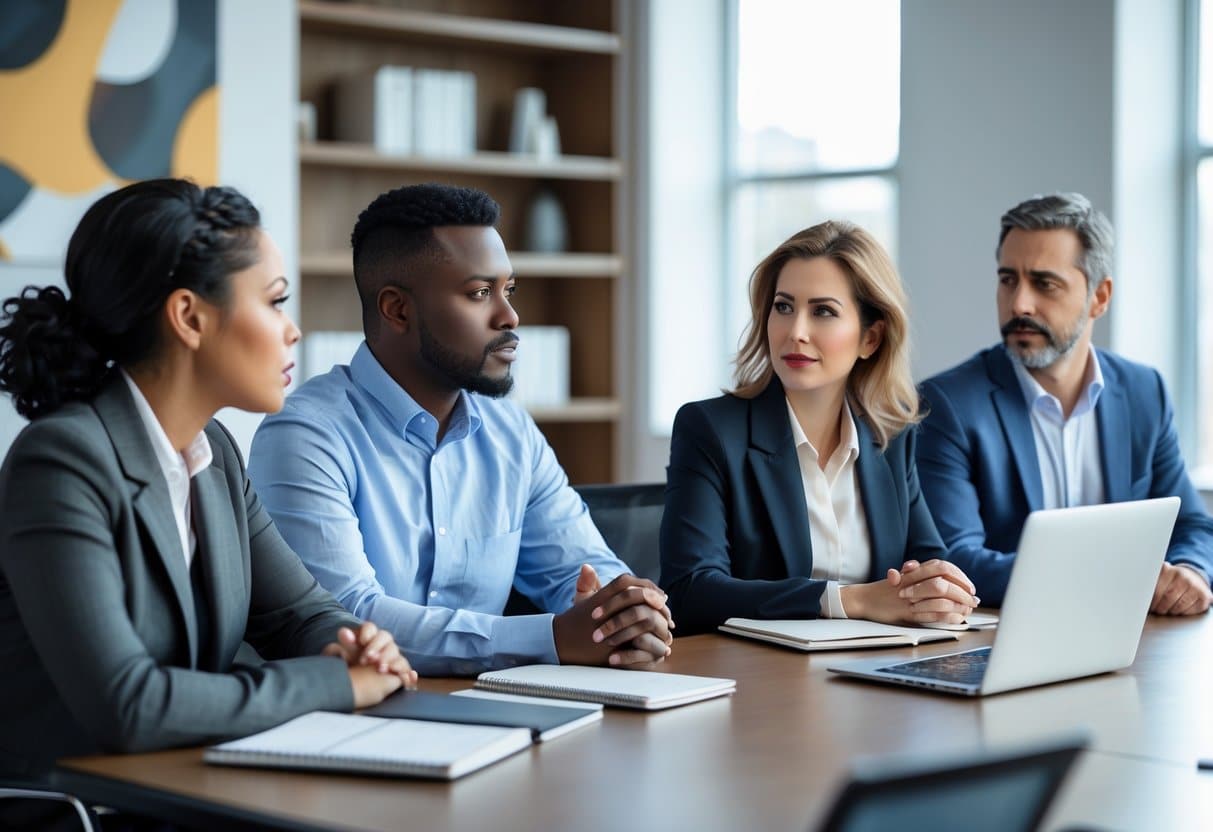 Um grupo diversificado de adultos discutindo seriamente em uma sala de reunião moderna, com expressões atentas e ambiente profissional.