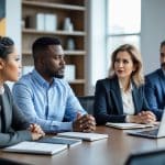 Um grupo diversificado de adultos discutindo seriamente em uma sala de reunião moderna, com expressões atentas e ambiente profissional.